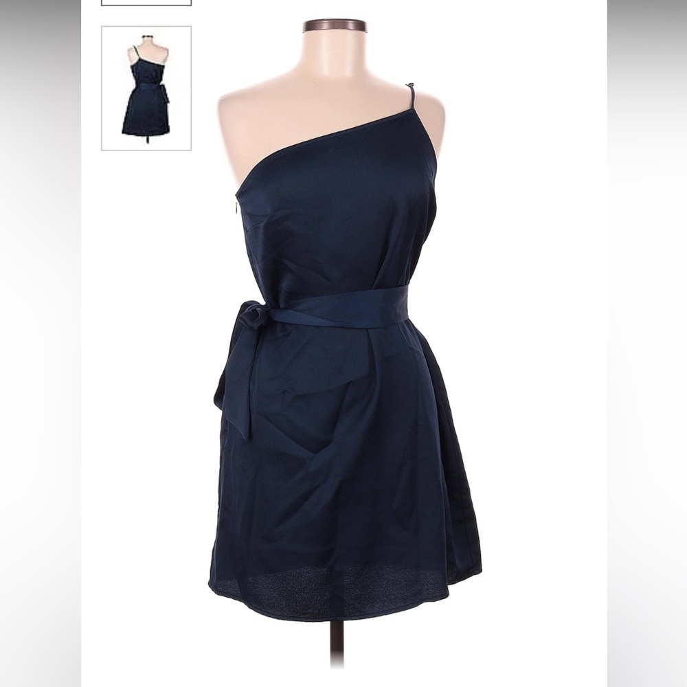 Navy Blue Marissa Web One-Shoulder Satin Dress Size 8